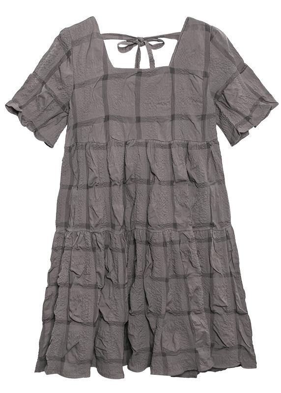 Style black Cotton tunic dress Square Collar Cinched oversized summer Dresses - bagstylebliss