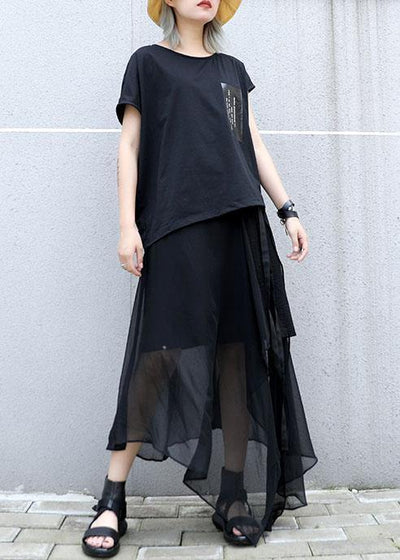 Style black chiffon quilting skirts asymmetric hem Traveling summer skirt - bagstylebliss