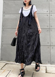 Style black cotton quilting dresses Spaghetti Strap Cinched long summer Dress - bagstylebliss