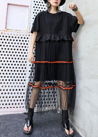 Style black cotton tunic dress patchwork tulle Dresses ruffles Dress - bagstylebliss