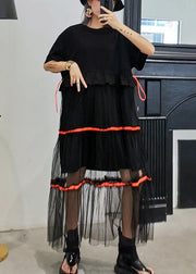 Style black cotton tunic dress patchwork tulle Dresses ruffles Dress - bagstylebliss