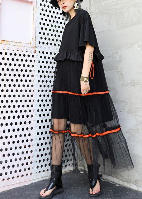 Style black cotton tunic dress patchwork tulle Dresses ruffles Dress - bagstylebliss