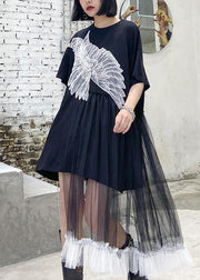 Style black dresses o neck patchwork tulle Midi Dresses - bagstylebliss