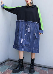 Style black patchwork denim blue outfit hooded Hole shift Dresses - bagstylebliss