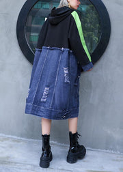 Style black patchwork denim blue outfit hooded Hole shift Dresses - bagstylebliss