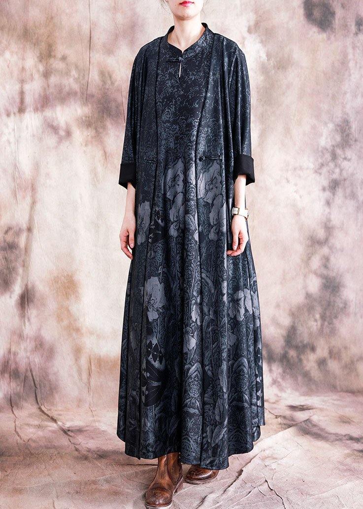 Style black print cotton Tunic stand collar Chinese Button sleeveless Kaftan fall Dress - bagstylebliss