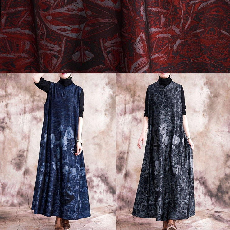 Style black print cotton Tunic stand collar Chinese Button sleeveless Kaftan fall Dress - bagstylebliss