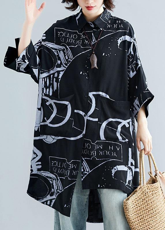 Style black prints cotton clothes For Women lapel collar Dresses summer tops - bagstylebliss