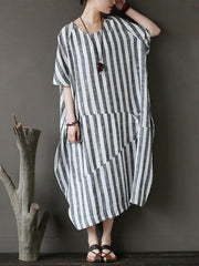 Style black striped cotton tunics for women o neck patchwork Art Dress - bagstylebliss