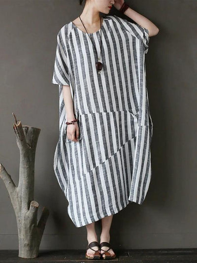 Style black striped cotton tunics for women o neck patchwork Art Dress - bagstylebliss