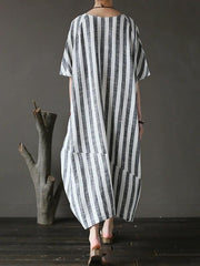 Style black striped cotton tunics for women o neck patchwork Art Dress - bagstylebliss