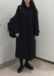 Style black fine trench coat Cotton side open hooded coats - bagstylebliss