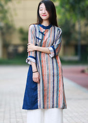 Style blue striped quilting dresses stand collar Chinese Button Art Dress - bagstylebliss