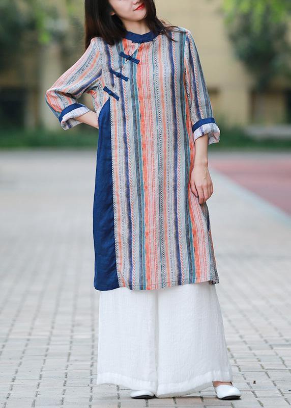 Style blue striped quilting dresses stand collar Chinese Button Art Dress - bagstylebliss