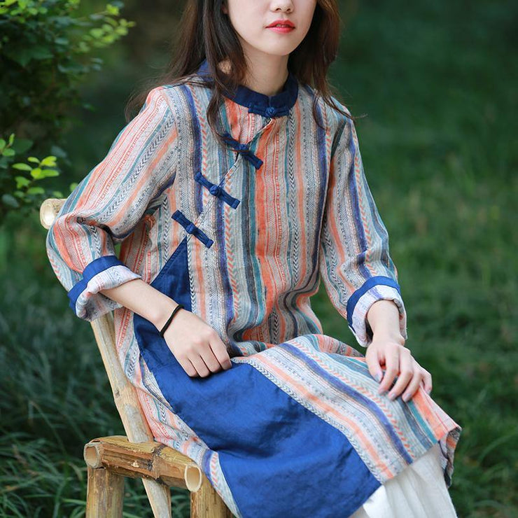 Style blue striped quilting dresses stand collar Chinese Button Art Dress - bagstylebliss