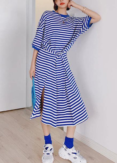 Style blue striped tunic dress o neck side open Plus Size Dresses - bagstylebliss