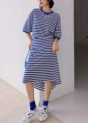 Style blue striped tunic dress o neck side open Plus Size Dresses - bagstylebliss