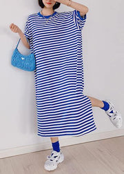 Style blue striped tunic dress o neck side open Plus Size Dresses - bagstylebliss