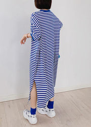 Style blue striped tunic dress o neck side open Plus Size Dresses - bagstylebliss