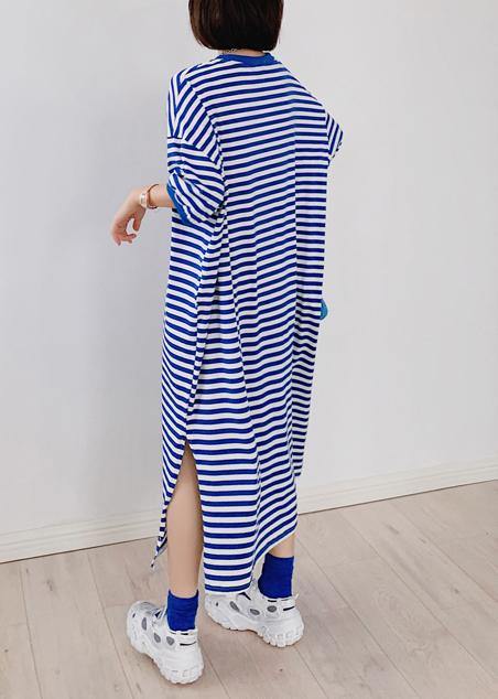 Style blue striped tunic dress o neck side open Plus Size Dresses - bagstylebliss