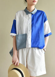 Style blue white patchwork Blouse lapel pockets tunic summer tops - bagstylebliss