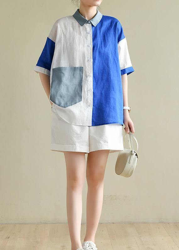 Style blue white patchwork Blouse lapel pockets tunic summer tops - bagstylebliss