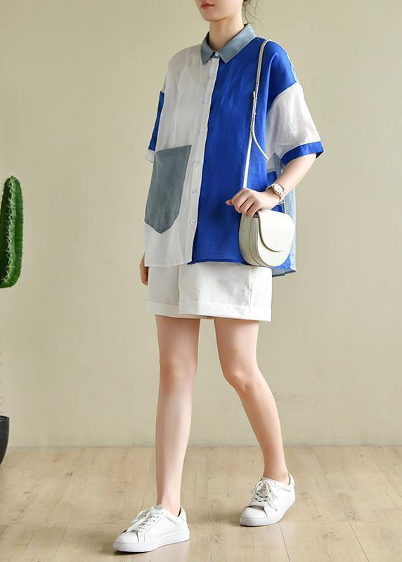 Style blue white patchwork Blouse lapel pockets tunic summer tops - bagstylebliss