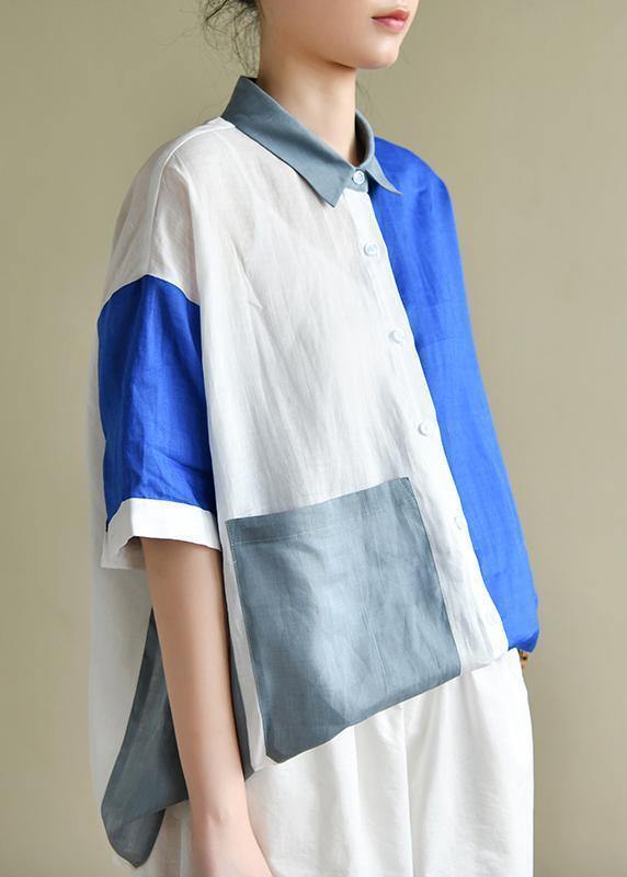 Style blue white patchwork Blouse lapel pockets tunic summer tops - bagstylebliss