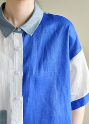 Style blue white patchwork Blouse lapel pockets tunic summer tops - bagstylebliss