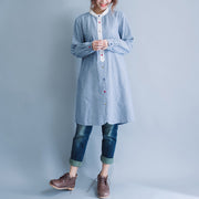 Style blau-weiß gestreiftes Baumwoll-Tunika-Muster Mom Tunika-Oberteile O-Ausschnitt Baggy Spring Dress