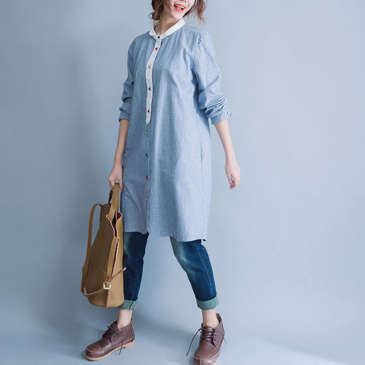 Style blau-weiß gestreiftes Baumwoll-Tunika-Muster Mom Tunika-Oberteile O-Ausschnitt Baggy Spring Dress