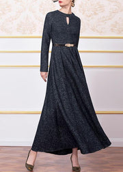 Style dark blue wool blended clothes For Women big hem cotton winter Dress - bagstylebliss