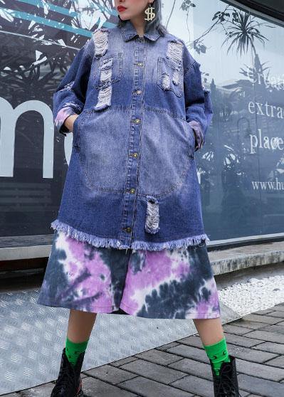 Style denim blue patchwork Fine tunics for women Fabrics ripped fall jackets - bagstylebliss