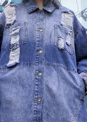 Style denim blue patchwork Fine tunics for women Fabrics ripped fall jackets - bagstylebliss
