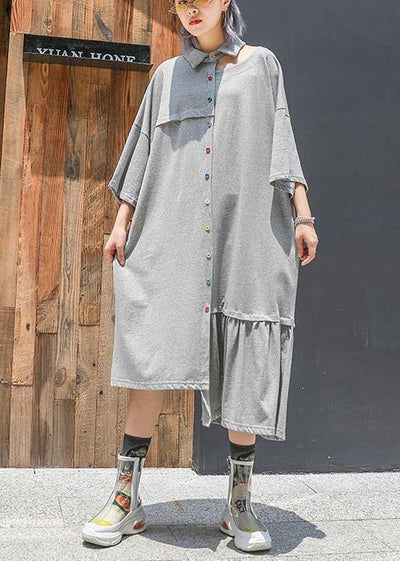 Style gray cotton clothes lapel Cinched long asymmetric summer Dresses - bagstylebliss