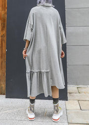 Style gray cotton clothes lapel Cinched long asymmetric summer Dresses - bagstylebliss