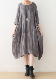 Style gray linen clothes For Women o neck asymmetric Plus Size Dress - bagstylebliss