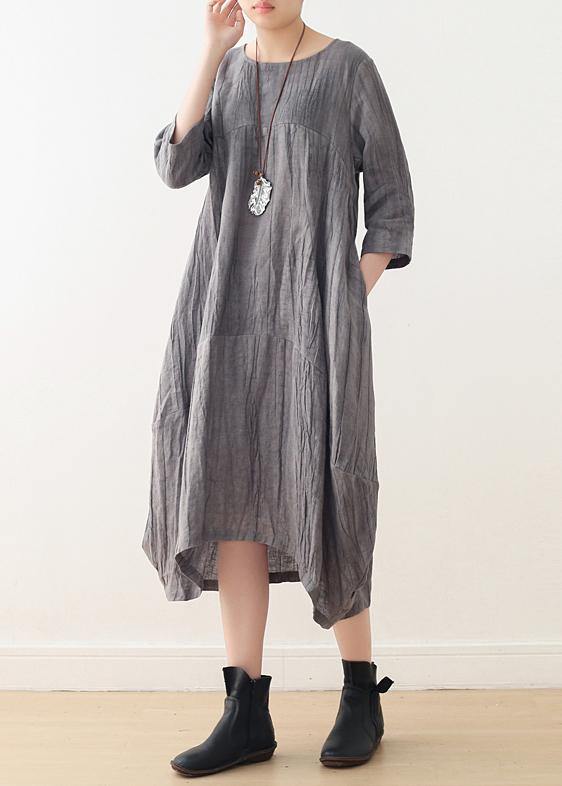 Style gray linen clothes For Women o neck asymmetric Plus Size Dress - bagstylebliss