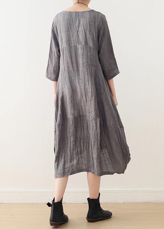Style gray linen clothes For Women o neck asymmetric Plus Size Dress - bagstylebliss