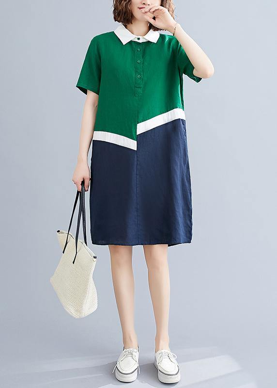 Style green cotton linen quilting clothes Peter pan Collar shift summer Dresses - bagstylebliss