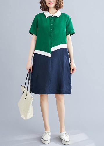 Style green cotton linen quilting clothes Peter pan Collar shift summer Dresses - bagstylebliss