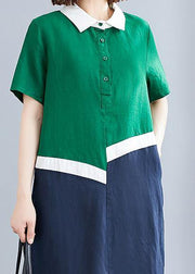 Style green cotton linen quilting clothes Peter pan Collar shift summer Dresses - bagstylebliss