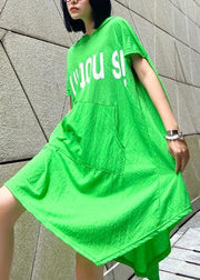 Style green print Cotton Tunic hooded asymmetric daily Dress - bagstylebliss