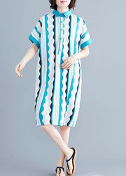 Style green striped Cotton clothes Women lapel tunic summer Dress - bagstylebliss