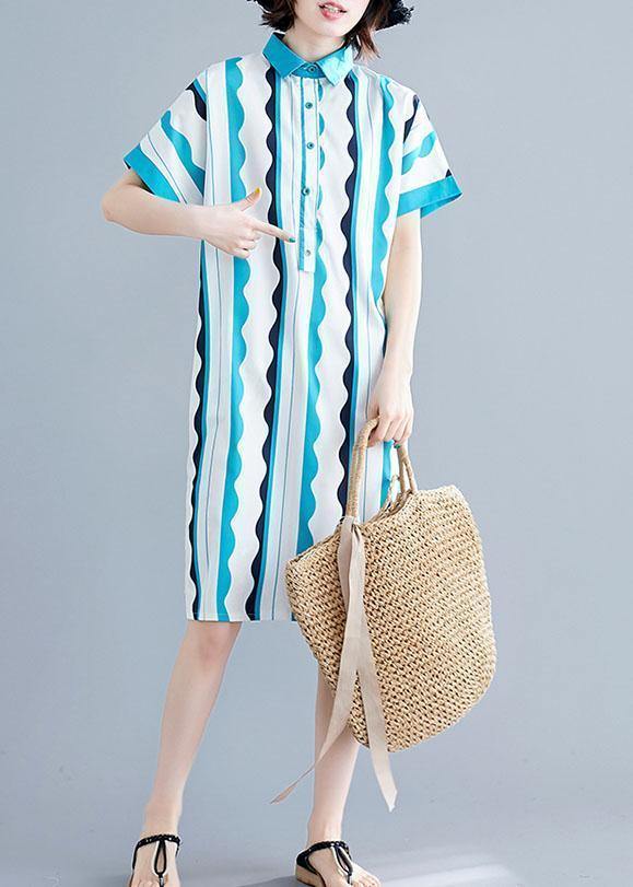 Style green striped Cotton clothes Women lapel tunic summer Dress - bagstylebliss