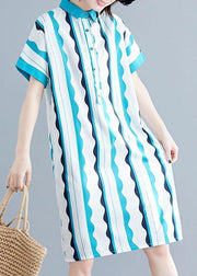 Style green striped Cotton clothes Women lapel tunic summer Dress - bagstylebliss