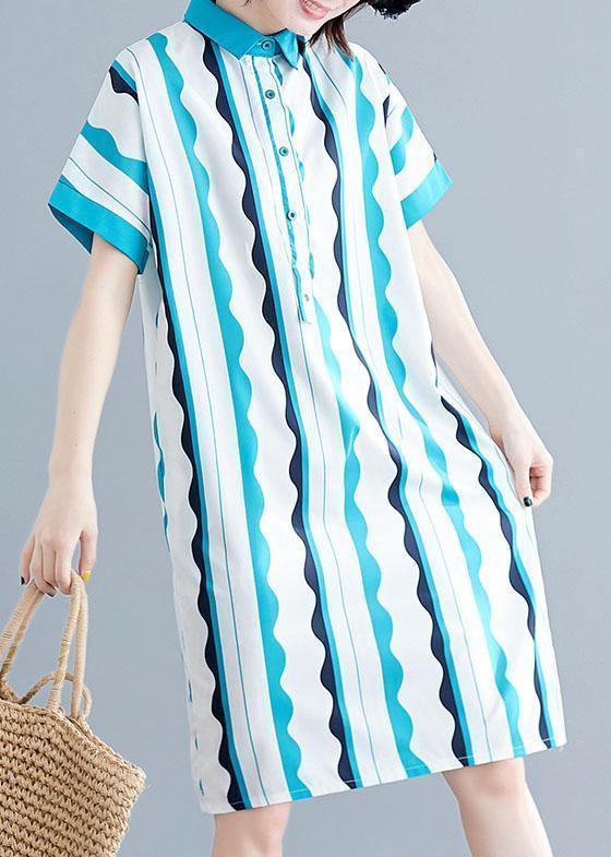 Style green striped Cotton clothes Women lapel tunic summer Dress - bagstylebliss