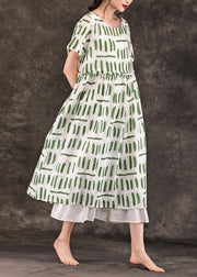 Style green striped linen dresses o neck pockets long summer Dress - bagstylebliss