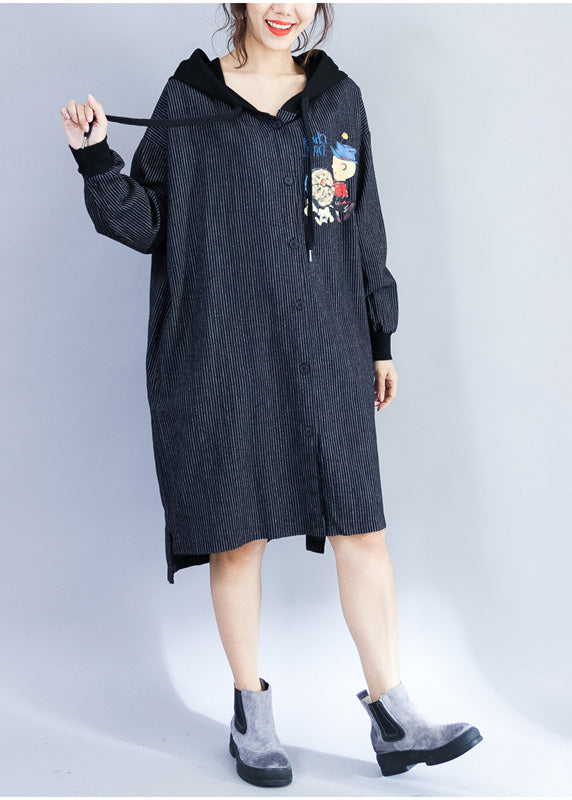 Style Hooded Cotton Wardrobes Pattern Black Striped Knee Dresses Spring