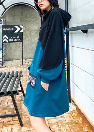 Style hooded patchwork dresses Fashion Ideas blue Letter Dress - bagstylebliss